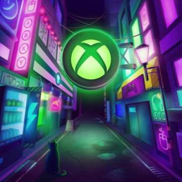 Xbox Tokyo Game Show 2025, Neon, Cyberpunk, Street lights, Cat, 5K, Xbox logo