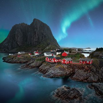 Lofoten islands, Aurora Borealis, Landscape, Night, Stars, Mountain, Blue Sky, 5K, 8K