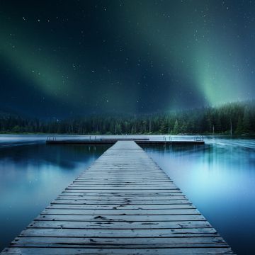 Wooden pier, Jetty, Lake, Aurora Borealis, Clear sky, Trees, Stars, Blue, 5K, 8K