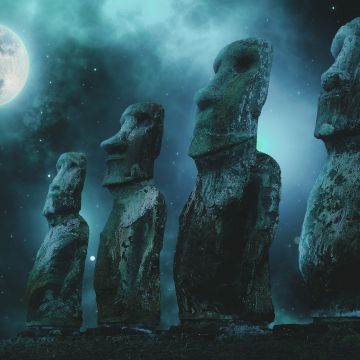 Moai statues, Easter Island, Full moon, Stars, Night sky, 5K, 8K