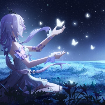 Honkai: Star Rail, Castorice, Anime girl, Glowing, Butterflies, Moon, Night sky