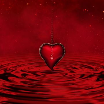 Red heart, Water, Red background, Stars, Waves, Chain, 5K