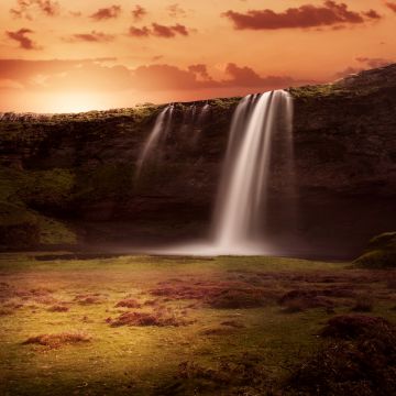 Waterfalls, Sunrise, Orange sky, Clouds, Grass Landscape, Rock, 5K