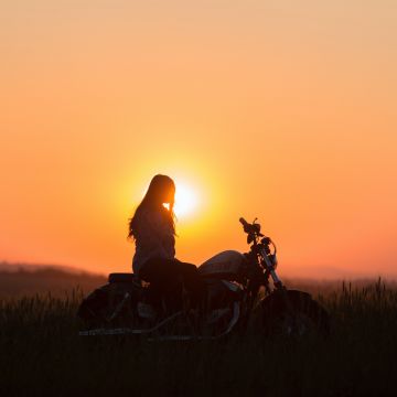 Sunset, Woman, Motorcycle, Silhouette, Golden hour, Orange, 5K