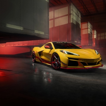 Chevrolet Corvette Z06, Warehouse, Yellow cars, Sports cars, Red lighting, 5K