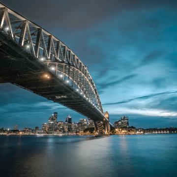 Sydney Harbour Bridge, Milsons Point, Australia, Cityscape, River, Night lights, Blue Sky, 5K