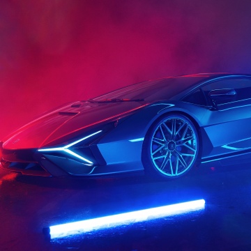 Lamborghini Sián FKP 37, Neon lighting, 5K, Supercars, Red and blue, Futuristic