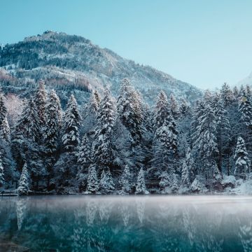 Snow mountains, Glacier, Frozen, Mist, Lake, Reflection, Snow covered, Trees, Winter forest, 5K