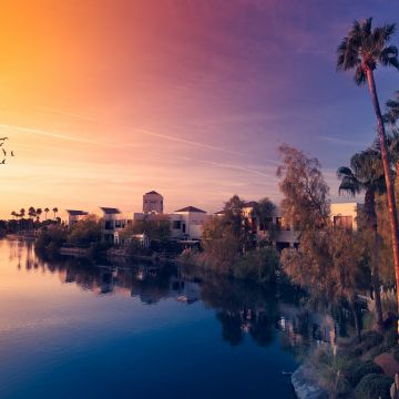 Sunset, Purple sky, Colorful Sky, Village, Palm trees, Flying birds, Reflection, Water