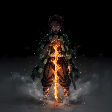 Tanjiro Kamado, Fire effect, Dark background, 5K, Hinokami Kagura, Demon Slayer: Kimetsu no Yaiba