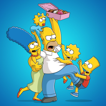 The Simpsons, Doughnuts, Blue background, Homer Simpson, Marge Simpson, Bart Simpson, Lisa Simpson, Maggie Simpson, Simpson family
