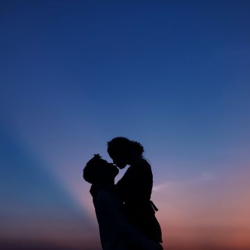 Couple, First kiss, Silhouette, Romantic kiss, Sunset, 5K