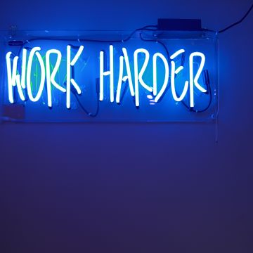 Work harder, Neon Lights, Blue background, Motivational