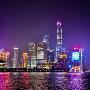 Shanghai City, Body of Water, Reflection, Skyscrapers, Night life, Cityscape, Lights, Modern architecture, 5K