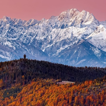 Tatra Mountains, Autumn Forest, Landscape, Snowy Mountains, Pink sky