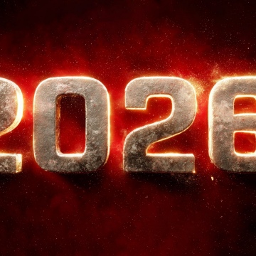 2026 New Year, 3D text, Dark red, Golden text, 5K, Red background