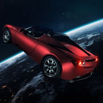 Elon Musk's Tesla Roadster, Tesla in Space, Red cars, Earth, Horizon, Electric Sports cars