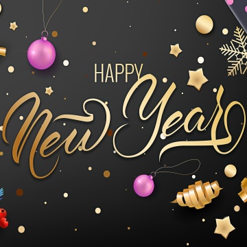 Happy New Year, Confetti, Black and gold, Golden letters, Dark background, 5K