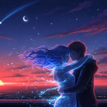 Romantic, Love couple, Surreal, Ethereal, Glowing, Sunset, Stars, Shooting stars, Moon, 5K