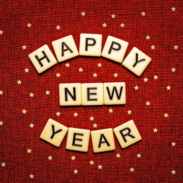 Happy New Year, Golden stars, Scrabble letters, Red background, 5K