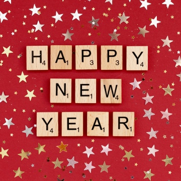 Happy New Year, Scrabble letters, Red background, Golden stars, 5K, 8K
