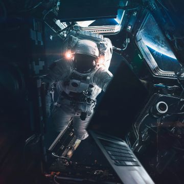 Astronaut, Space station, Laptop, Space suit, Lights