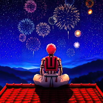 Akaza, Fireworks, Demon Slayer: Kimetsu No Yaiba Infinity Castle, Night sky, Rooftop, 5K