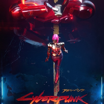 Cyberpunk 2077: Phantom Liberty, Poster, Female V, Vertical, Neon art, Pink hair