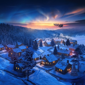 Santa Claus chariot, Christmas Eve, Winter snow, Village, Aurora Borealis, Reindeer Chariot, Forest, Sunset, 5K