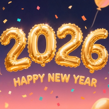 Happy New Year 2026, Confetti, Balloons, New Year celebrations, Golden letters, Golden text