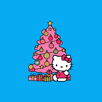 Hello Kitty, Christmas tree, Blue background, Cute cartoon, Sanrio, 5K, Pink cartoon, Minimalist