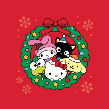Hello Kitty and Friends, Christmas decoration, Sanrio, Hello Kitty, Holidays, Wreath, Cute cartoon, Red background, 5K, My Melody, Keroppi, Pompompurin