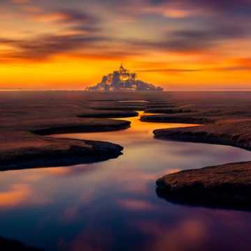 Mont Saint-Michel, Landscape, Island, River, Castle, Normandy, France, Sunset Orange