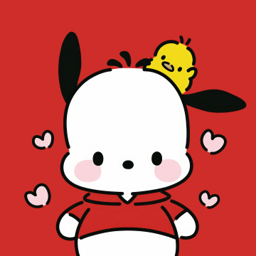 Pochacco, Duck With Knife, Sanrio, 5K, Red background, Cute cartoon