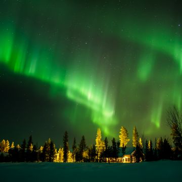 Aurora Borealis, Aurora sky, House, Night
