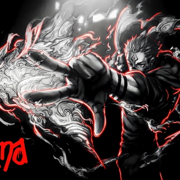Sukuna, Action, Jujutsu Kaisen, Fire effect, Monochromatic, Dark background, Illustration