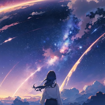 Anime girl, Night sky, Galaxy, Shooting stars, Cosmic, Purple sky, Your Name, Mitsuha Miyamizu, Celestial, Kimi no Na wa