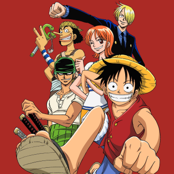 One Piece, Anime series, Red background, Season 1, Usopp, Roronoa Zoro, Nami, Sanji, Monkey D. Luffy