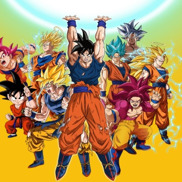 Dragon Ball Super, Anniversary Edition, Super Saiyan Goku, Super Saiyan God, Super Saiyan Blue, Ultra Instinct Goku, Super Saiyan 4 Fusion, 5K, Son Goku, Yellow background