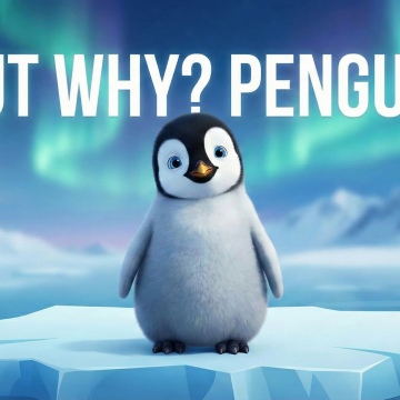But Why? Penguin, 5K, Cute art, Aurora Borealis, Ice berg, Mountains, Cute cartoon, Meme, Ocean