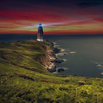 Lighthouse, Coastline, Ocean, Purple sky, Evening, Seascape, Seashore, 5K