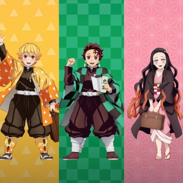 Demon Slayer: Kimetsu no Yaiba, Characters, Inosuke Hashibira, Zenitsu Agatsuma, Tanjiro Kamado, Nezuko Kamado, Giyu Tomioka, 5K, Colorful background