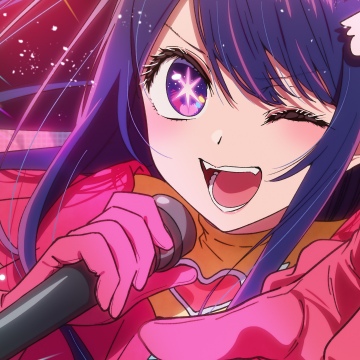 Ai Hoshino, Singing, Winking, Oshi no Ko, Anime girl, 5K, Pink dress, Purple hair, Vibrant