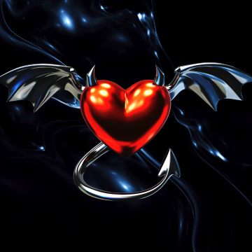 Devil heart, Metallic, Bat wings, Dark background, Red heart, 5K, Gothic
