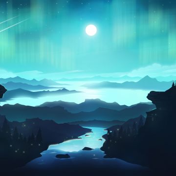 Moon, River, Mountains, Gradient background, Blue, Night, Cold