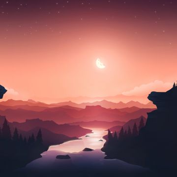 Sunset, Moon, River, Mountains, Gradient background, Peach background, Aesthetic, Pastel background