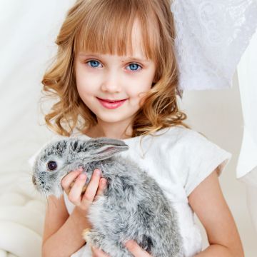 Cute Girl, Rabbit, Smiling girl, White, Blue eyes, Happiness, Pretty