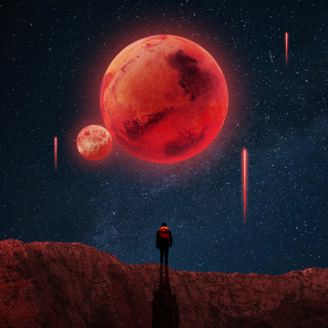 Lonely, Apocalyptic, Red moon, Surreal, Blood Moon, Meteorite fall, Starry sky
