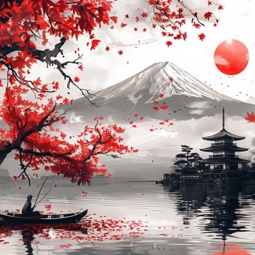 Japan, Artistic, Mount Fuji, Autumn season, Maple trees, Pagoda, Landscape, Red aesthetic