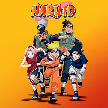 Naruto Team 7, Anime poster, 5K, Naruto Uzumaki, Sasuke Uchiha, Sakura Haruno, Kakashi Hatake, Orange background
